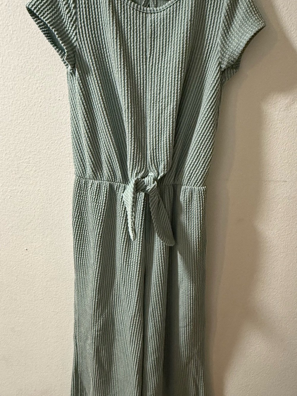 Girls' Sage Green Short-Sleeve Tie-Front Casual Jumpsuit